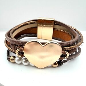 Rose Gold Multi Strand Leather Wrap Bracelet with Heart & Faux Pearl